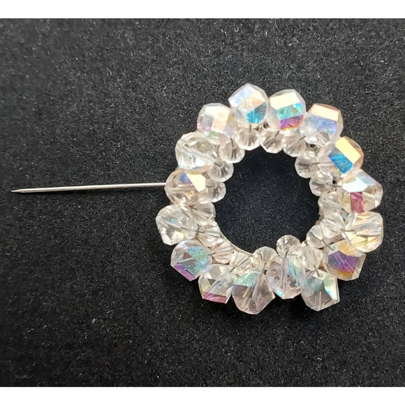 Vintage Aurora Borealis Brooch Circle Crystal Costume Jewelry - Picture 3 of 10